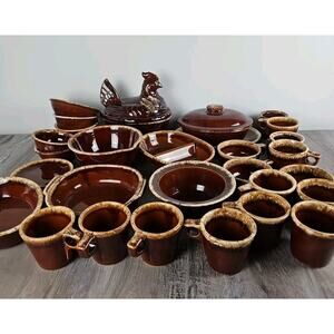 Hull Chicken Bake And Serve Brown Drip Pottery Dinnerware Set Lot 32 Pieces Vtg